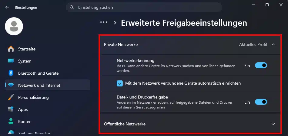 Netzwerkerkennung und Datei- und Druckerfreigabe