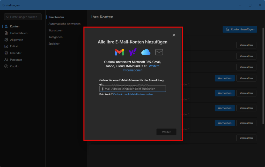 Outlook New neues Konto anlegen mit GMX E-Mail Adresse