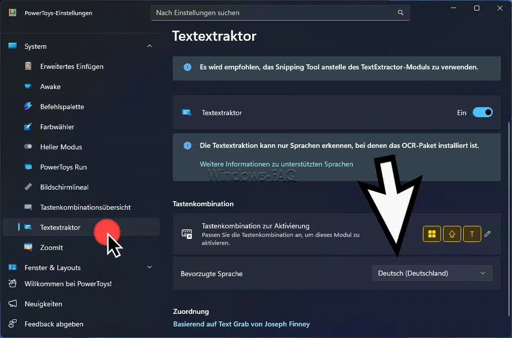 PowerToys Text Extractor auf Deutsch einstellen