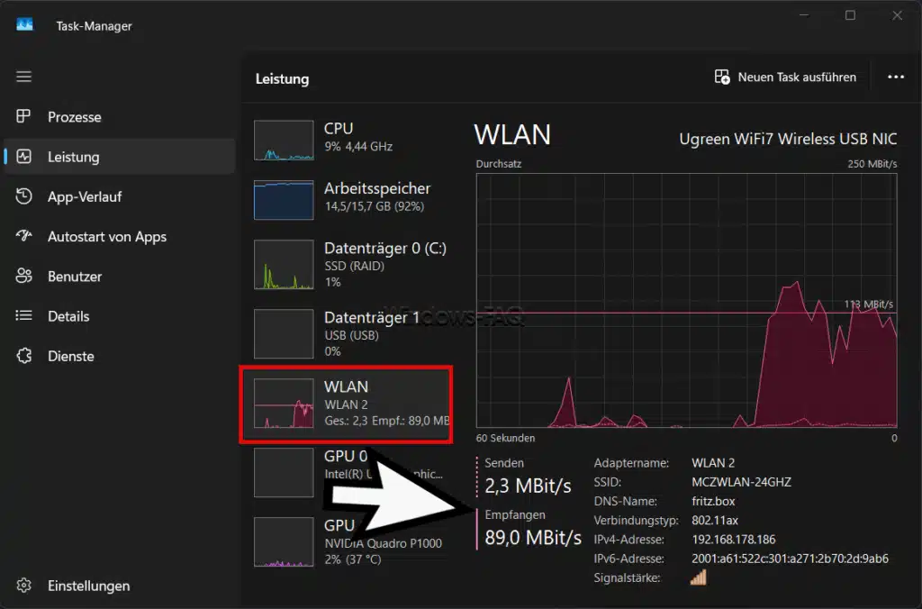 Sende- und Empfangsgeschwindigkeit WLAN im Windows Task-Manager