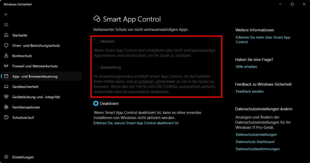 Smart App Controll lässt sich nicht aktivieren