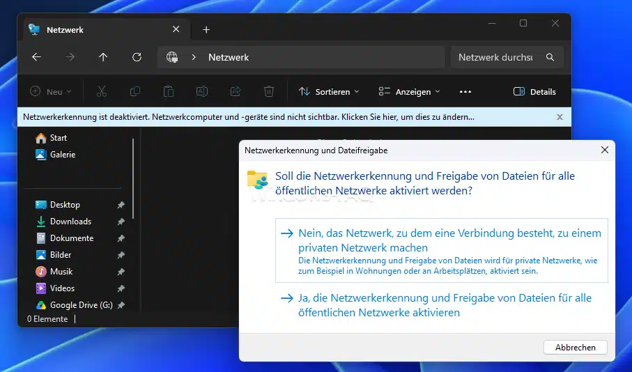 Soll die Netzwerkerkennung und Freigabe von Dateien für alle öffentliche Netzwerke aktiviert werden