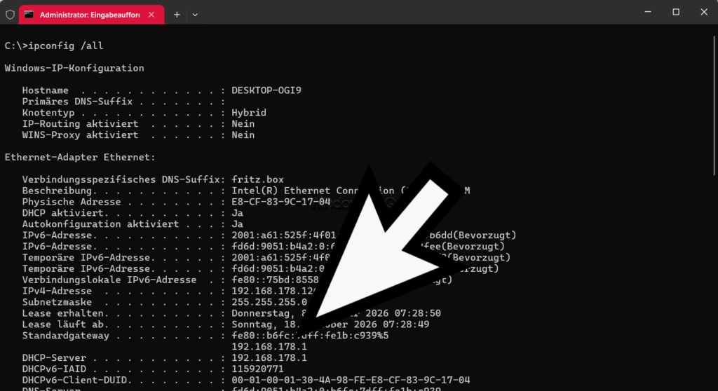 Standardgateway mit IPCONFIG ALL
