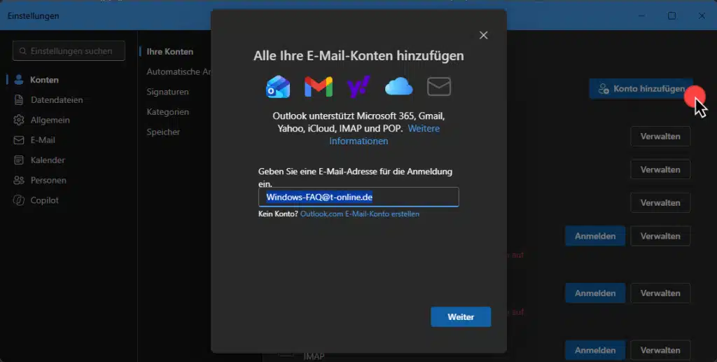 T-Online Adresse im neuen Outlook als Konto hinzufügen