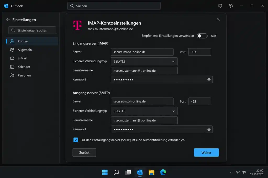 Telekom IMAP-Kontoeinstellungen in Outlook New