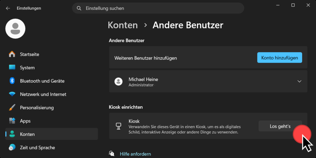 Windows 11 - Einstellungen - Konten - Andere Benutzer - Kiosk einrichten