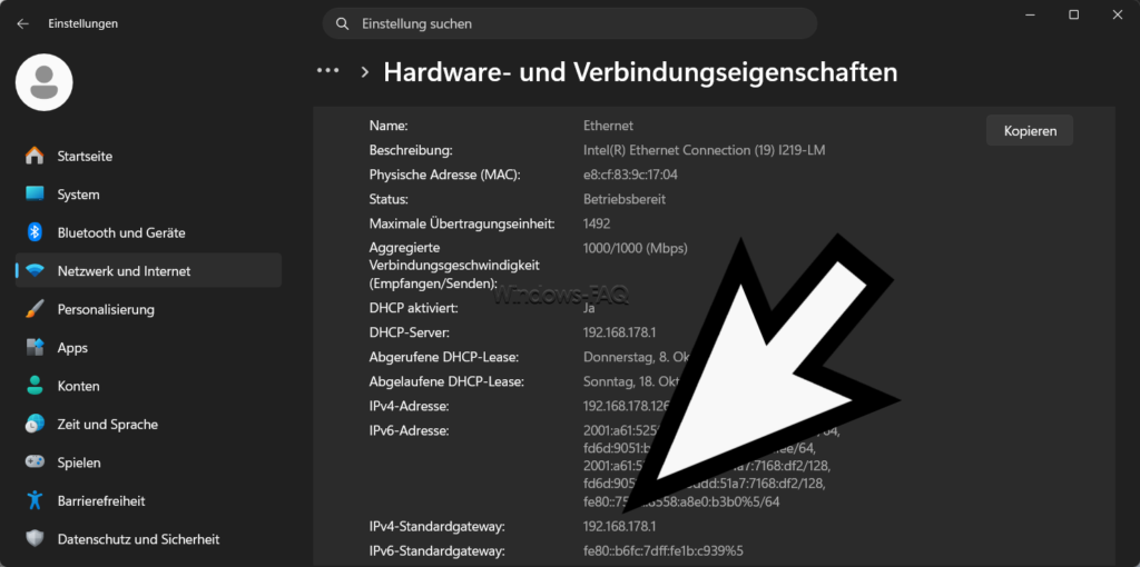 Windows Einstellungen - Netzwerk und Internet - Standardgateway anzeigen lassen