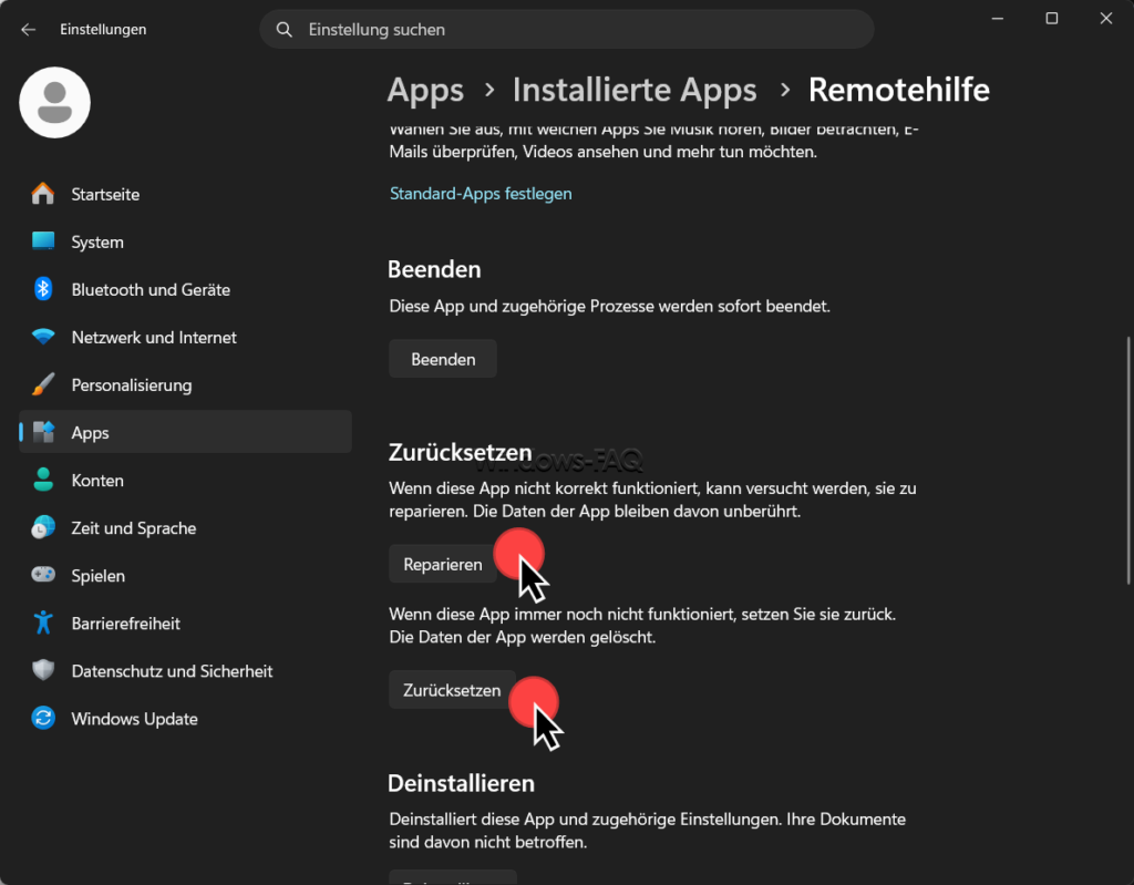 Windows Schnellhilfe - Remotehilfe reparieren oder zurücksetzen