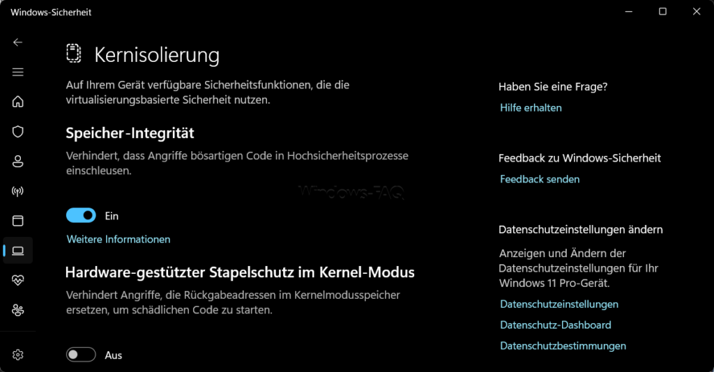 Windows Sicherheit Kernisolierung Speicher-Integrität