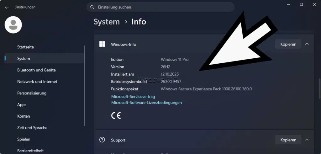 Windows Version anzeigen unter Einstellungen - System - Info