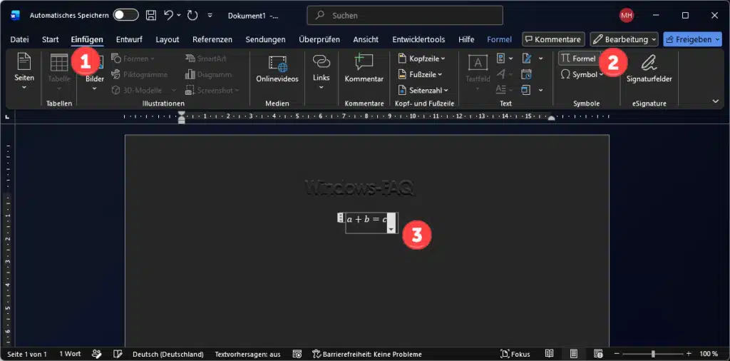 Word Formel einfügen in Dokument