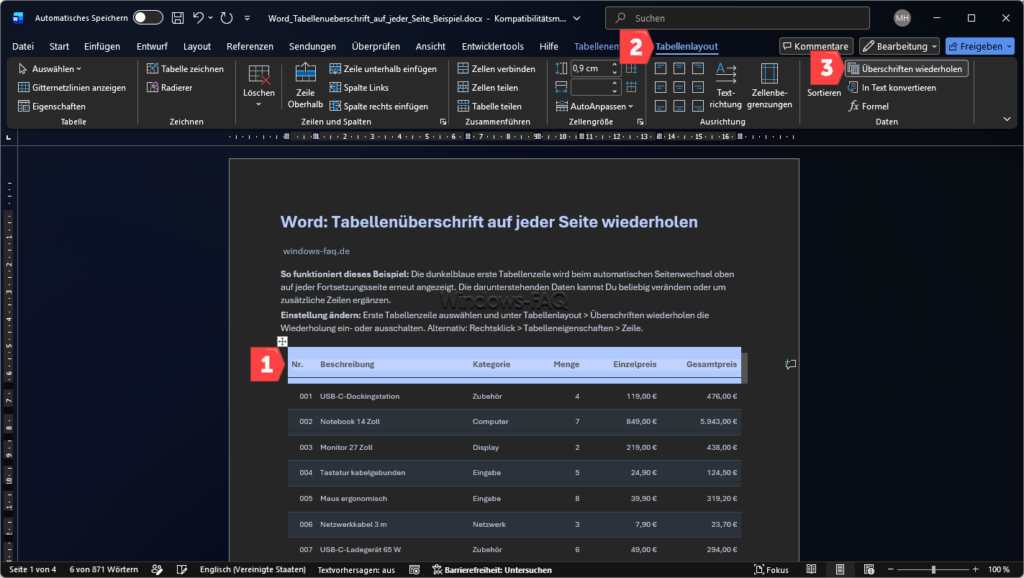 Word Tabellenlayout Überschrift wiederholen