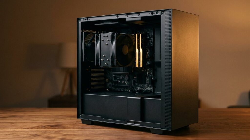 Geöffneter Desktop-PC auf einem Schreibtisch, die Speicherriegel neben dem Prozessorkühler im Licht