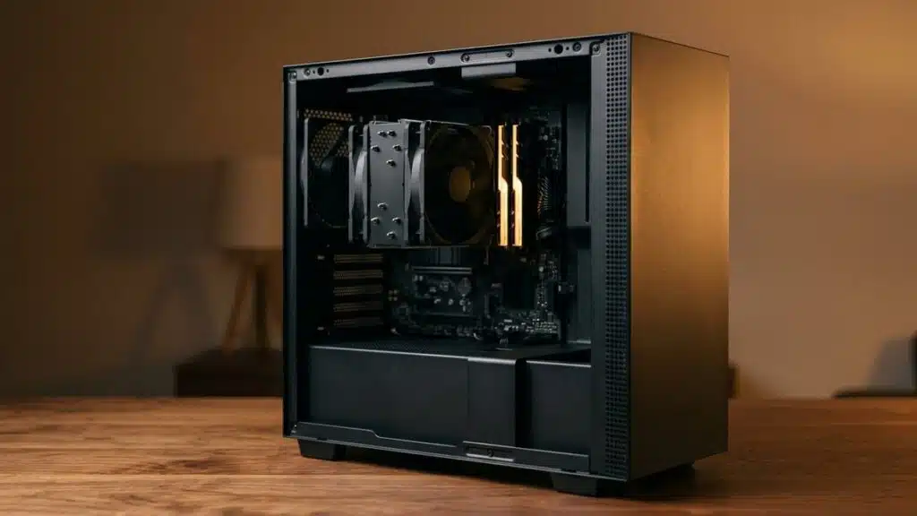 Geöffneter Desktop-PC auf einem Schreibtisch, die Speicherriegel neben dem Prozessorkühler im Licht