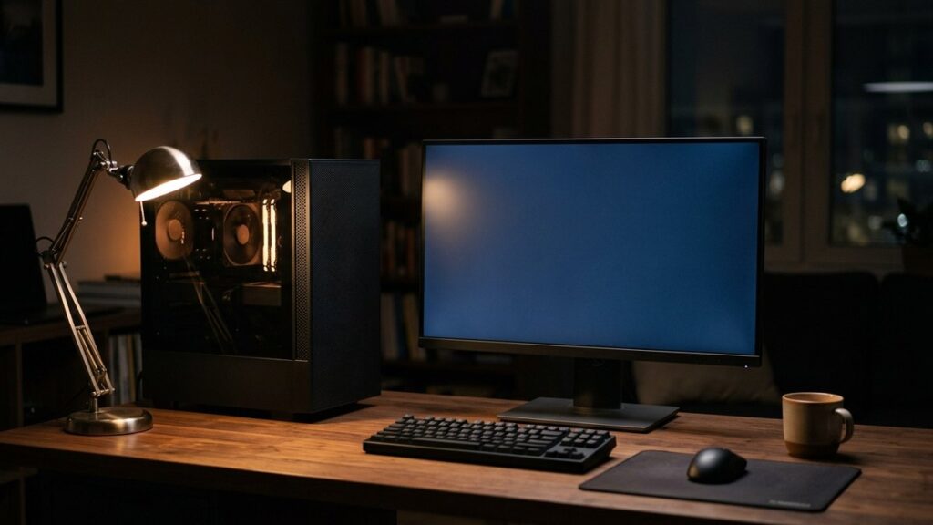 Laufender Desktop-PC am Abend auf einem Schreibtisch neben einem Monitor