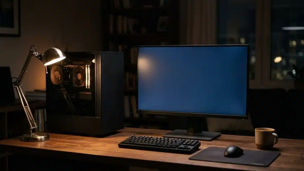 Laufender Desktop-PC am Abend auf einem Schreibtisch neben einem Monitor